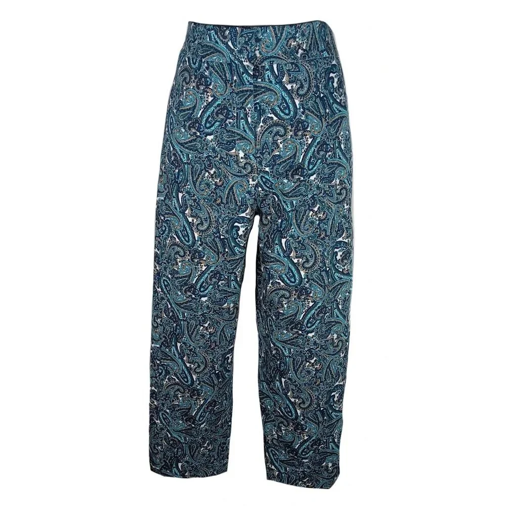 Michael Kors Plus Size Paisley Capri Pants 16W Midnight Blue Stretch New No Tags - Picture 2 of 8